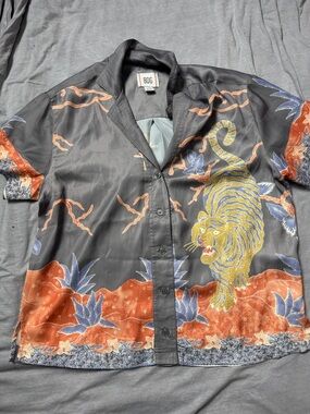 BDG Black Button-Up Jacket with Yellow Tiger & Orange Floral Print